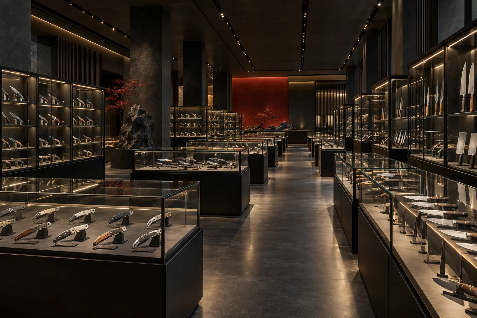 Sala de exposición de cuchillos con vitrinas de cristal — ilustración